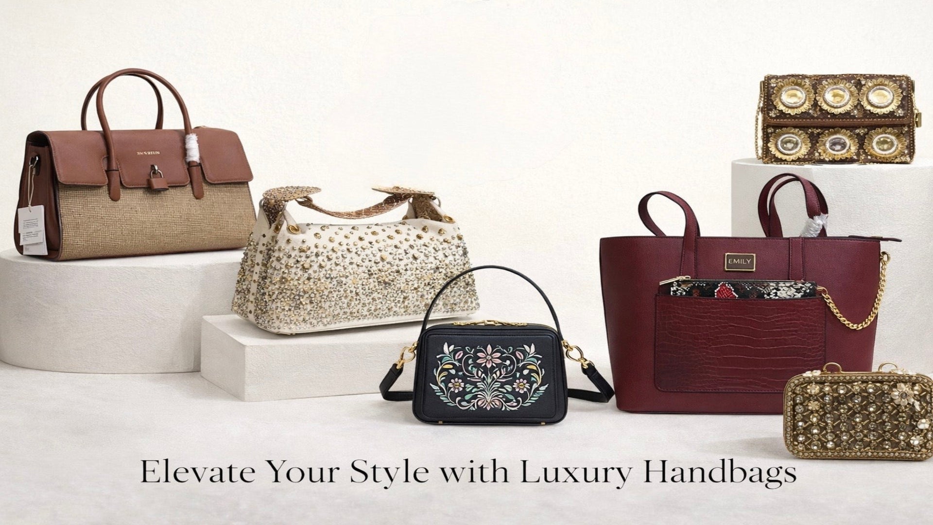 Collection of luxury handbags on a white background with text 'Elevate Your Style with Luxury Handbags'.