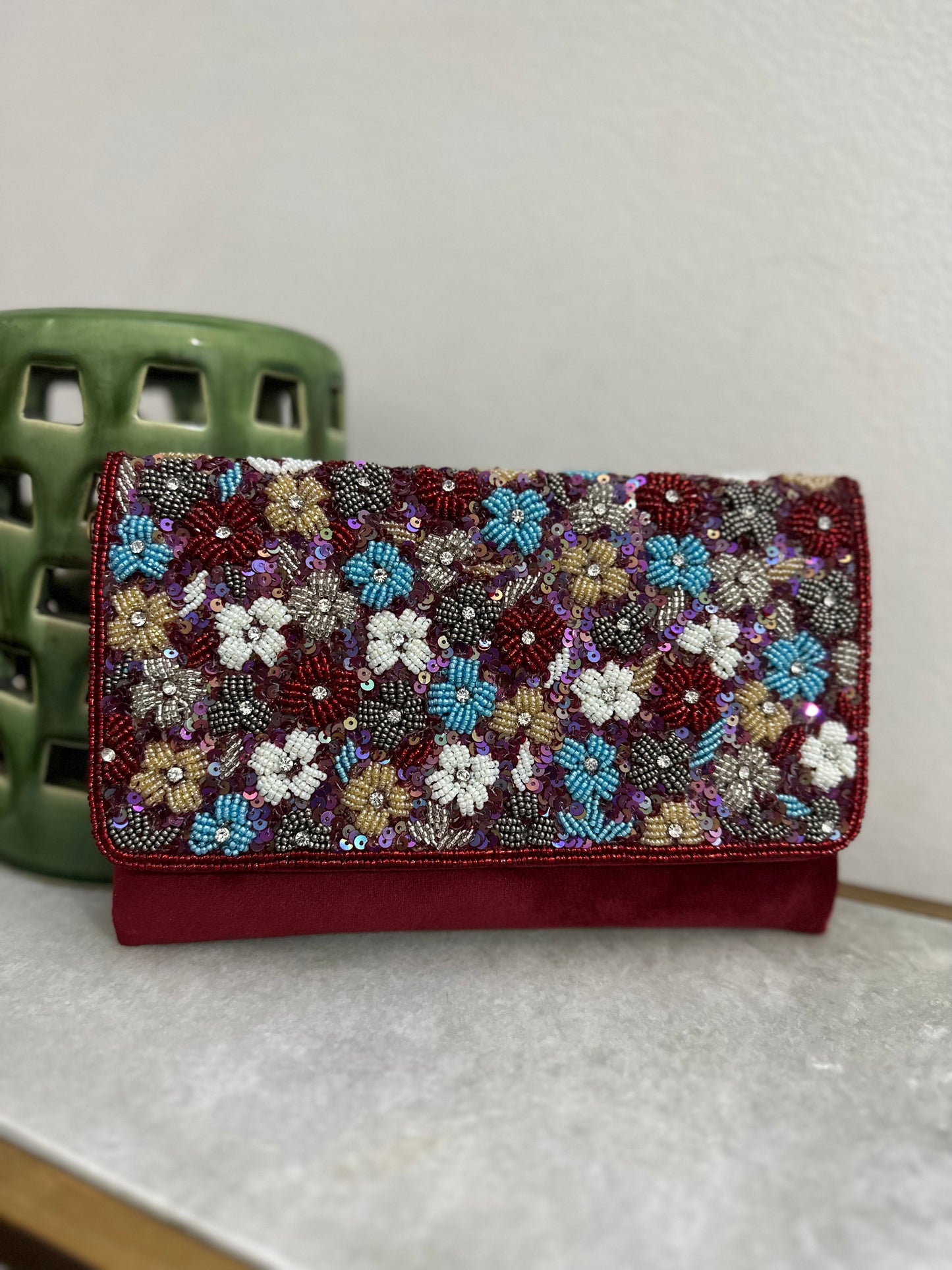 Maroon Floral Clutch